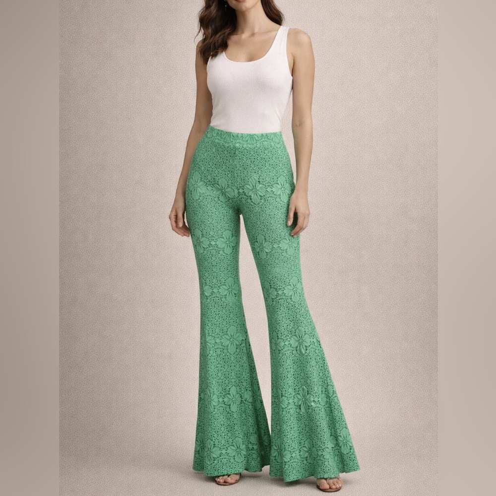 Nightcap Clothing Green Lace Bellbottoms